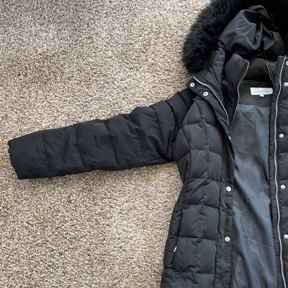 Calvin Klein Womens Black Down Fill Puffer Parka Coat Faux Fur Hood Large - Picture 7 of 16